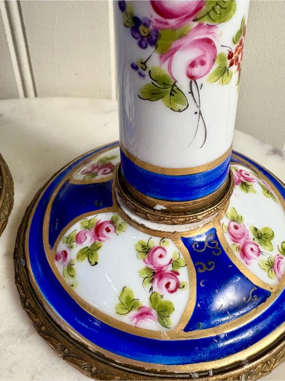 Antique L.P. Paris Sèvres-Style Porcelain & Bronze Hand-Painted Candlesticks VTG